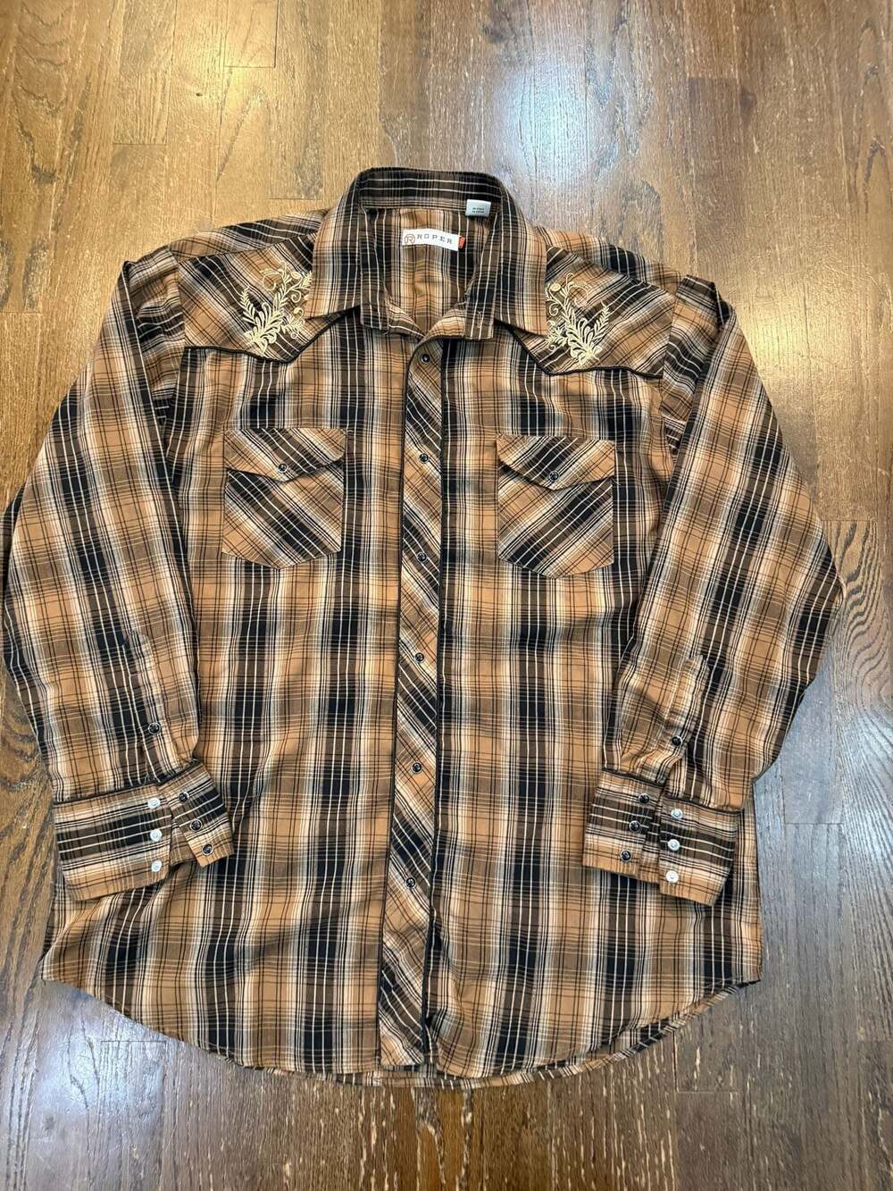 Roper Western Shirt 2XL Brown Plaid Embroidered Snap Button